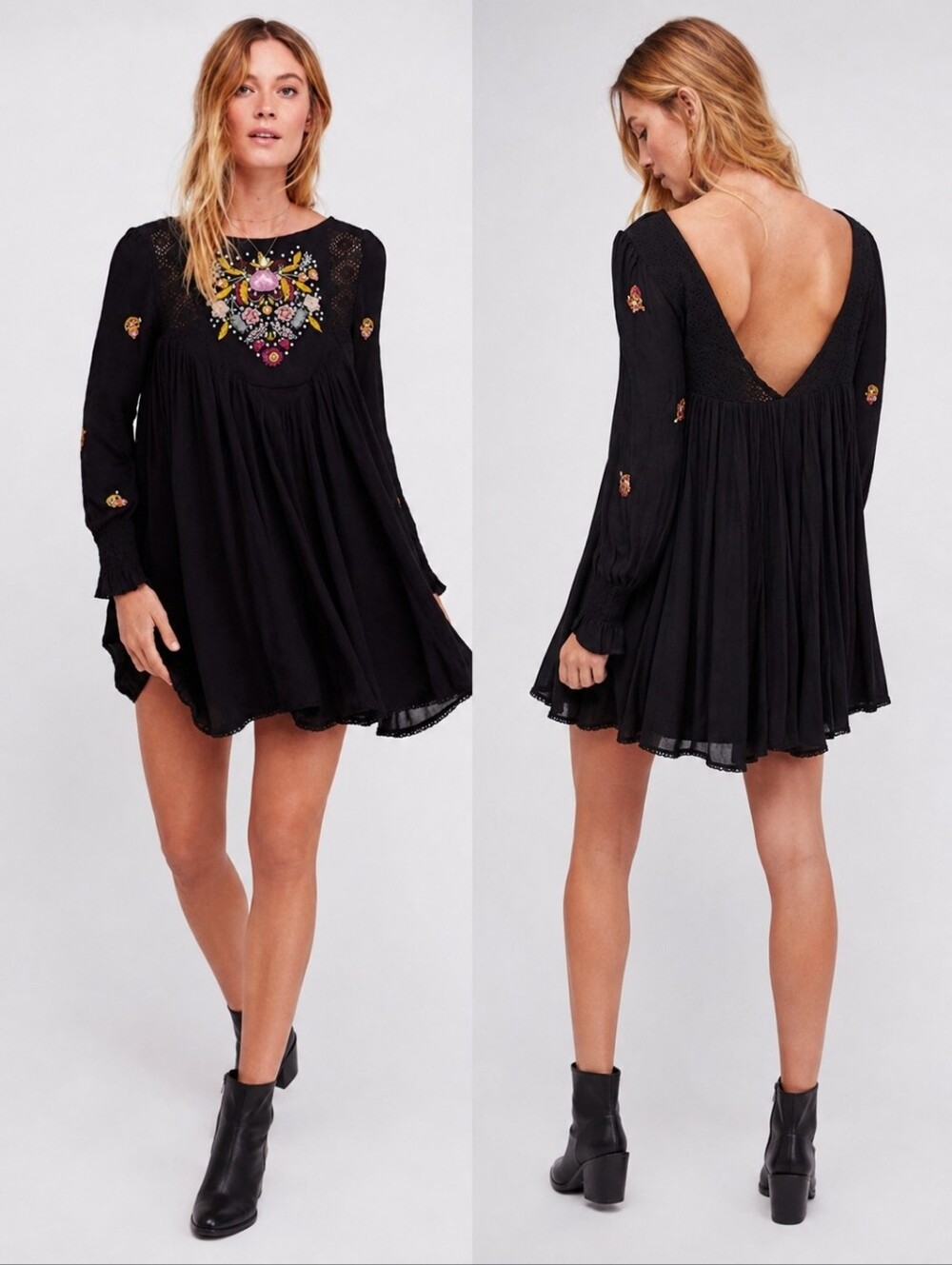 ❤️ FREE PEOPLE MOHAVE EMBROIDERED MINI DRESS - BLACK, SMALL